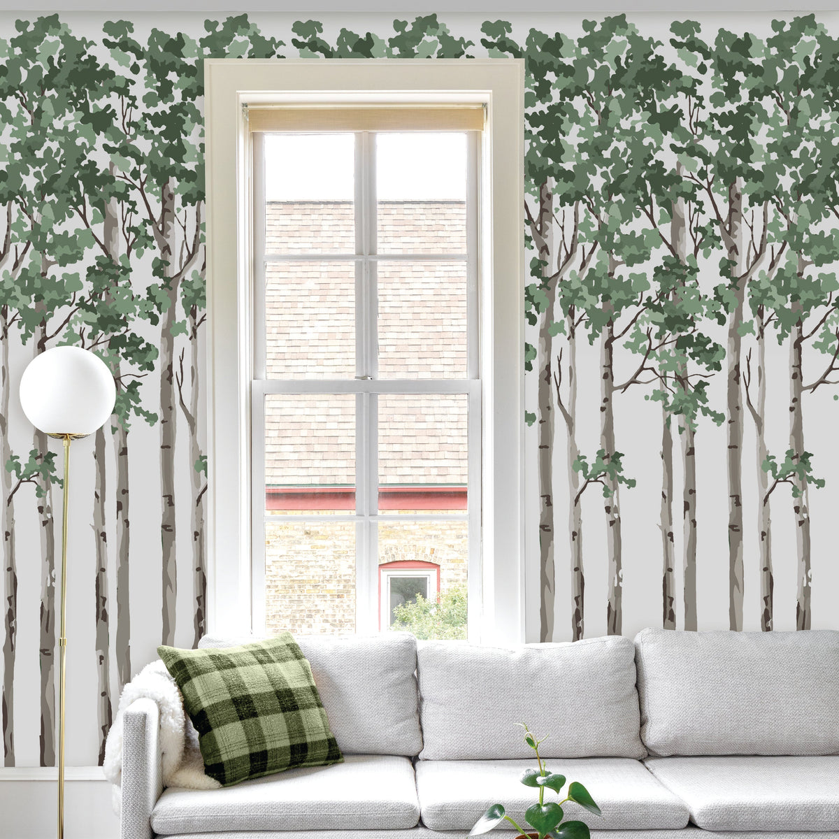 Image of Birch Tree in Green Wallpaper