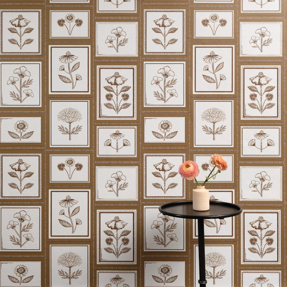 Image of Framed Flowers in Ochre Wallpaper