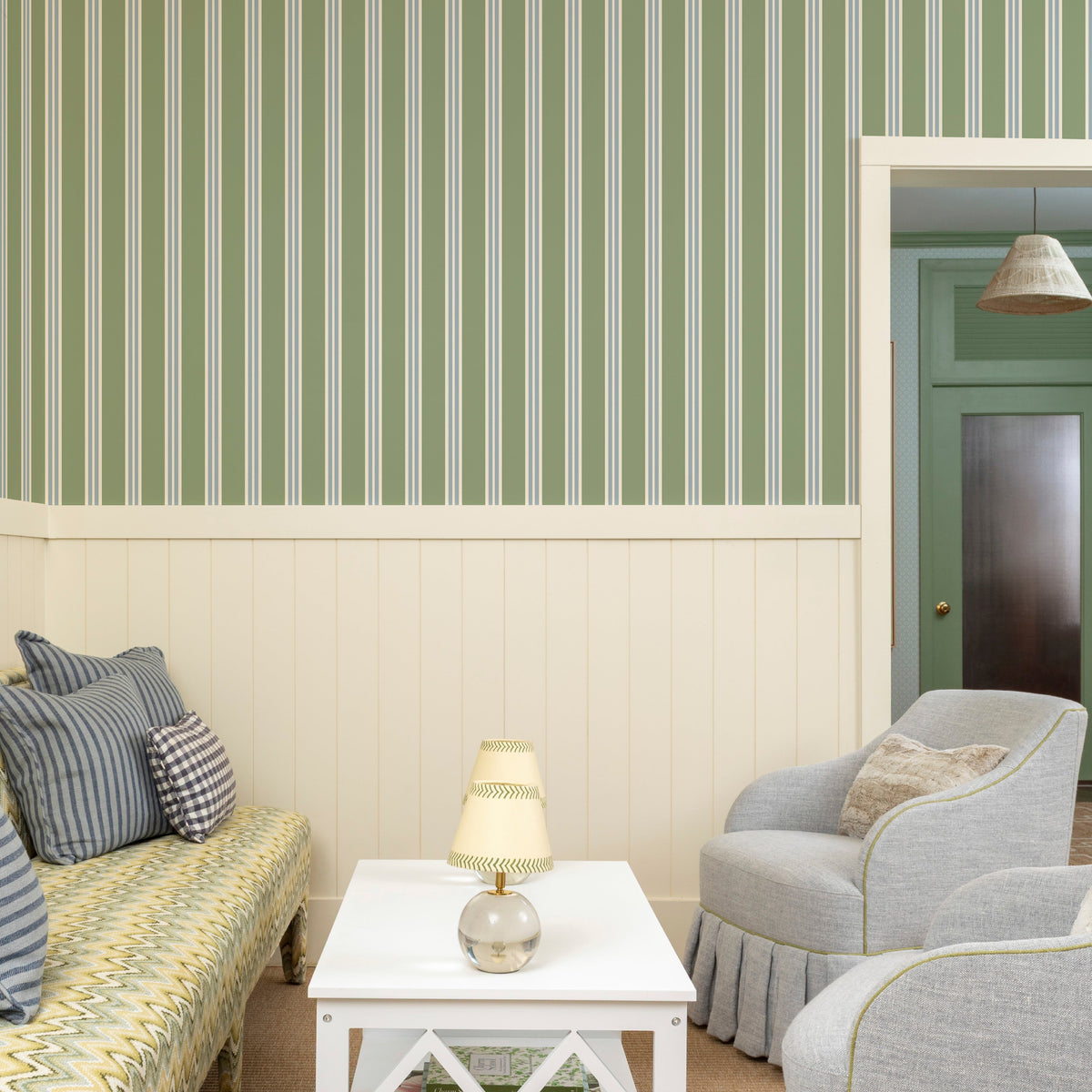 Image of Charlie Stripe in Powder/Leaf Wallpaper