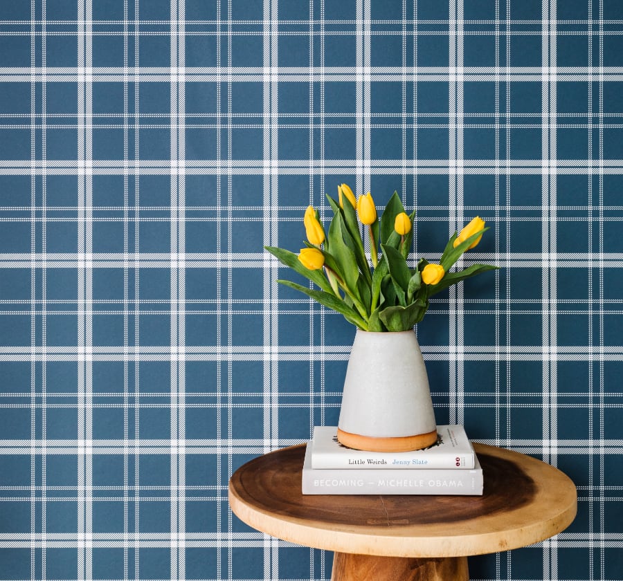 Ticking Plaid in Blue and White Wallpaper