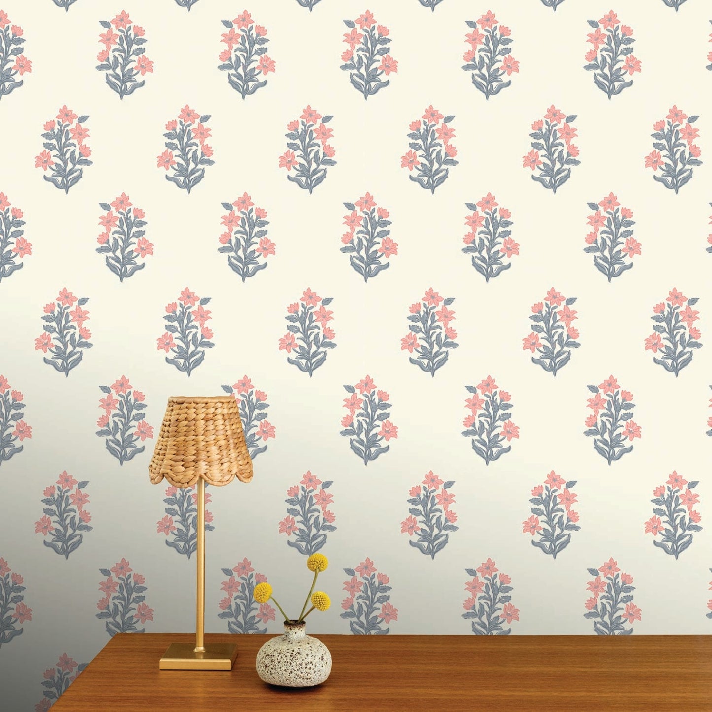 Image of Heritage Floral in Coral/Blue Wallpaper