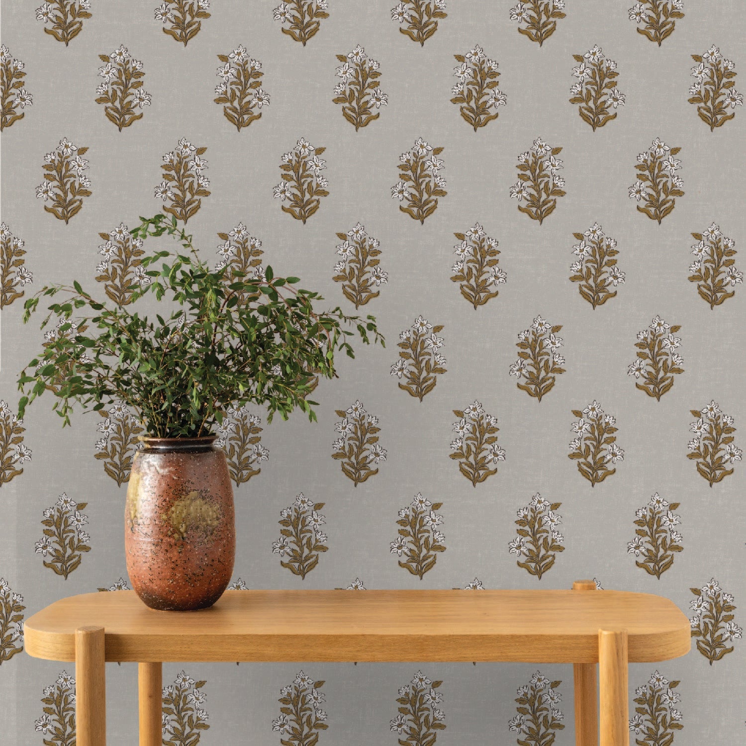 Image of Heritage Floral in Grey/Marigold Wallpaper