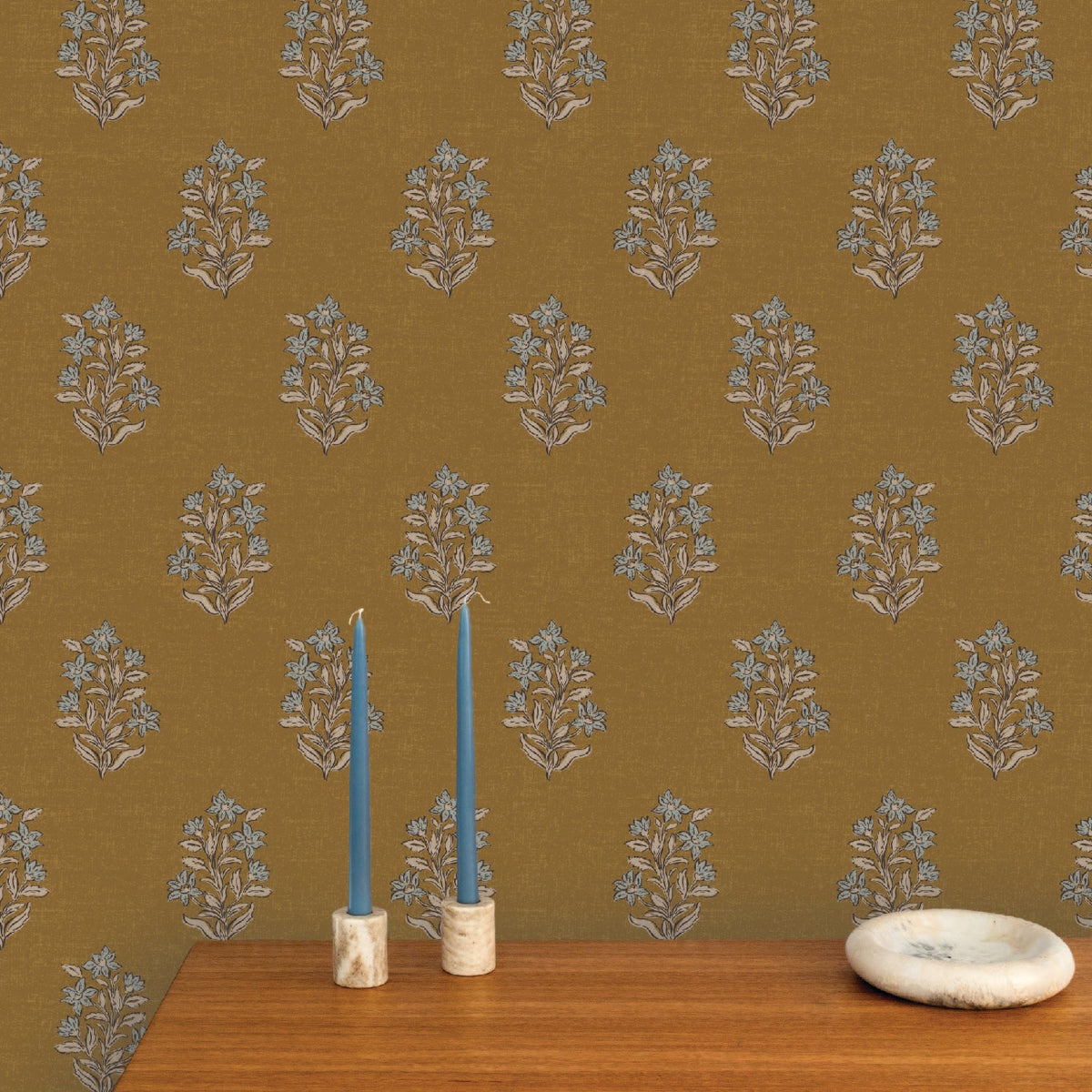 Image of Heritage Floral in Marigold/Blue Wallpaper