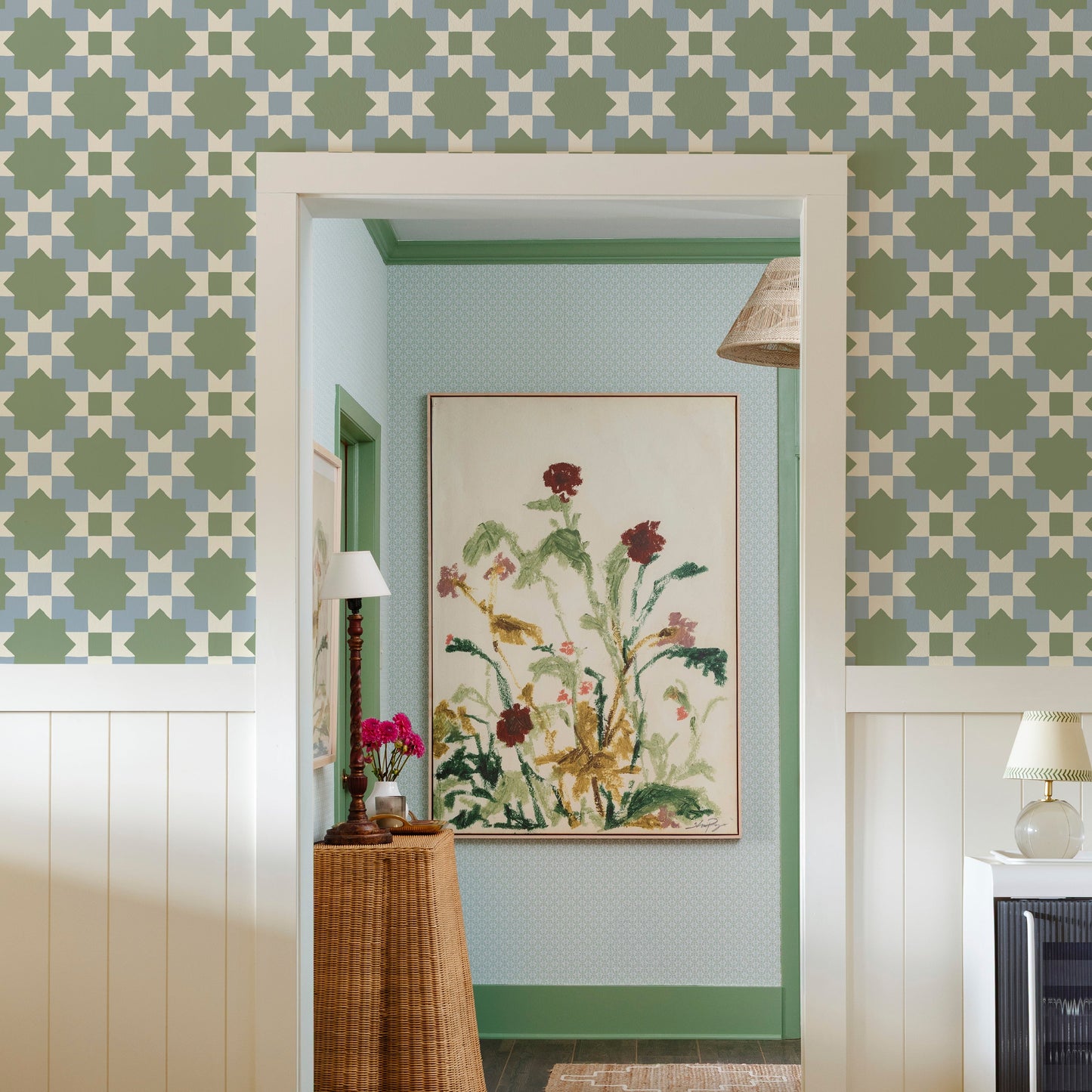 Image of Checkerboard Geo in Powder/Moss Wallpaper