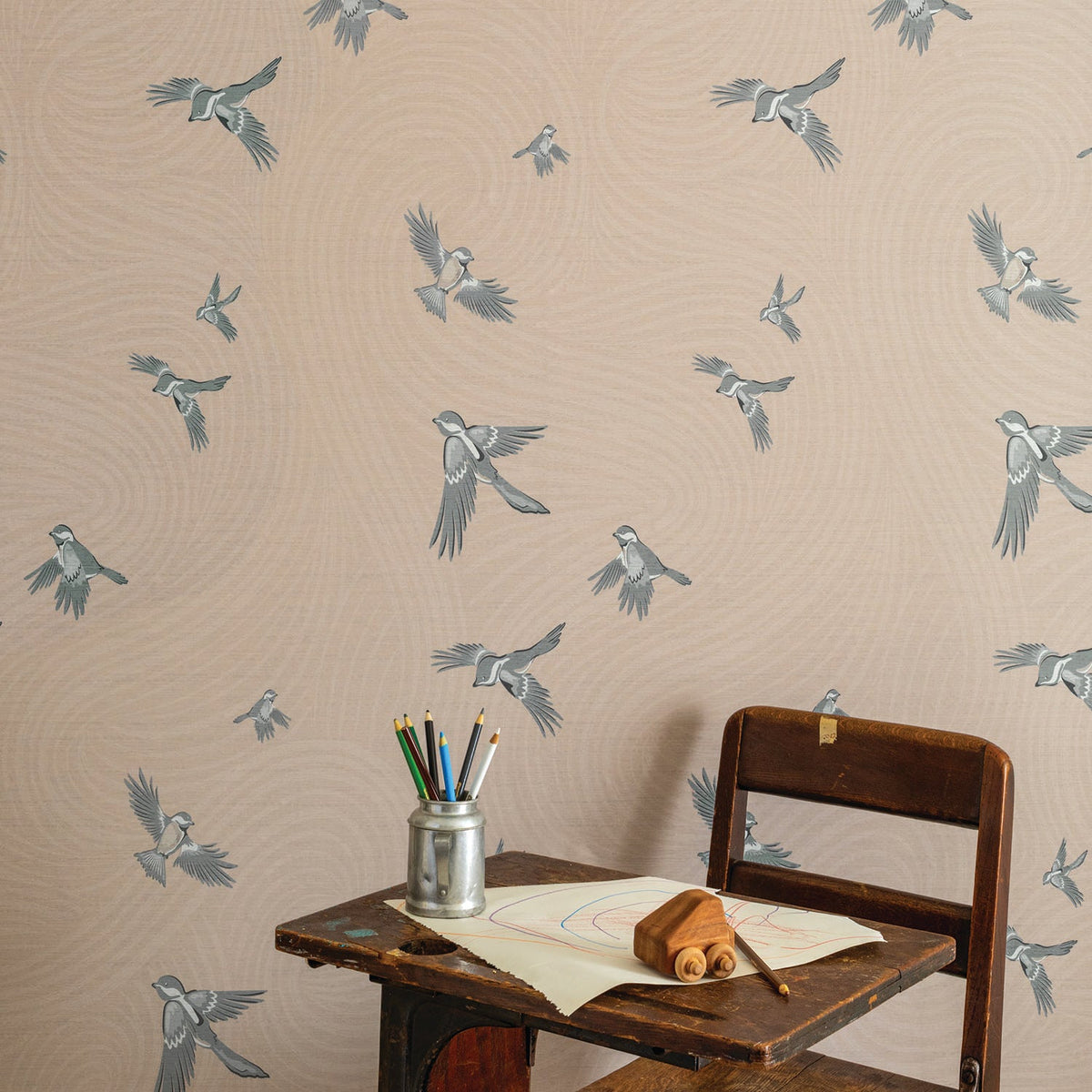 Image of Chickadee Birds in Blush Wallpaper