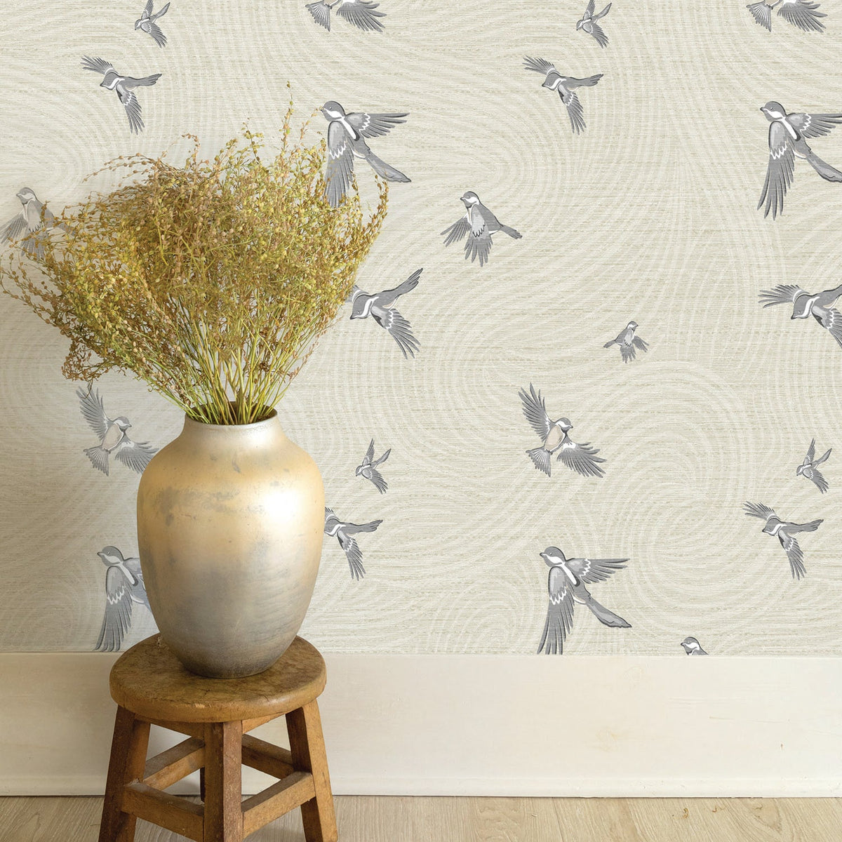 Image of Chickadee Birds in Light Tan Wallpaper