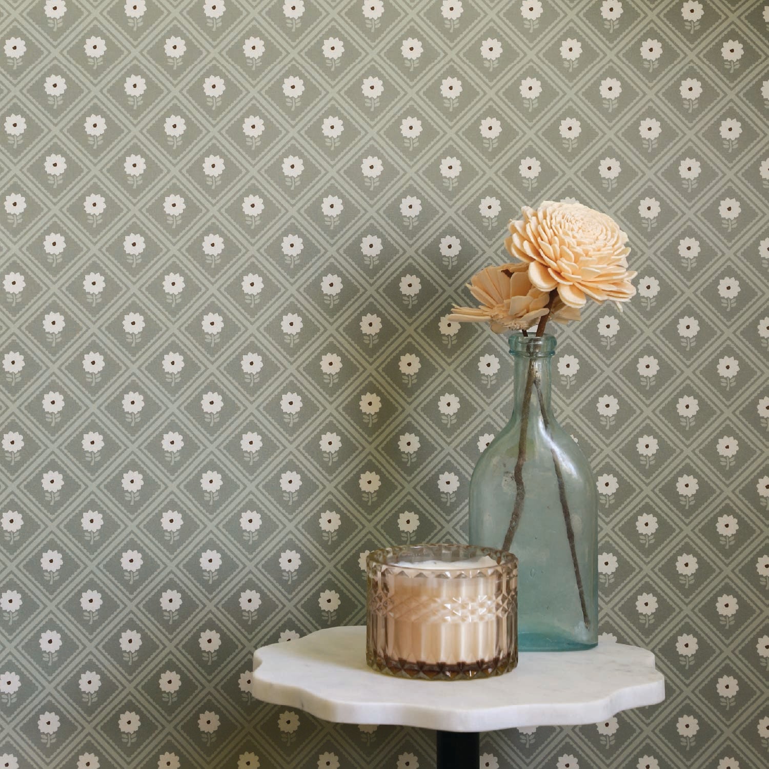 Image of Dahlia in Sage/Cream Wallpaper