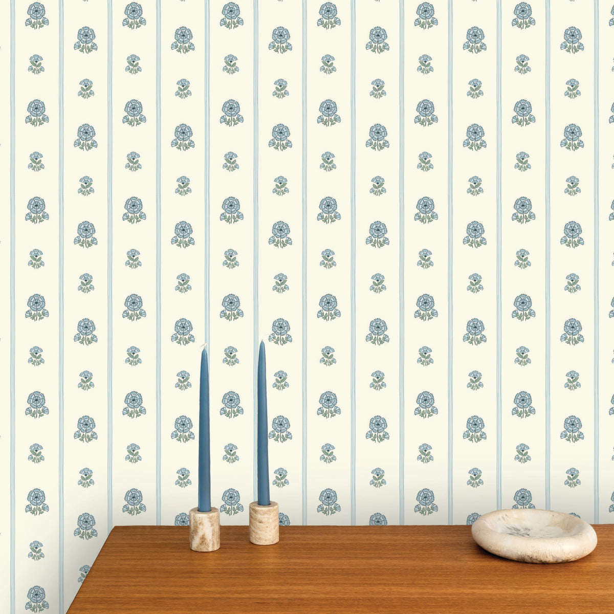 Image of Fan Floral Stripe in Powder Blue Wallpaper