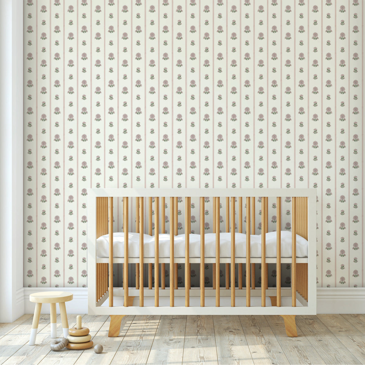 Image of Fan Floral Stripe in Blush Wallpaper