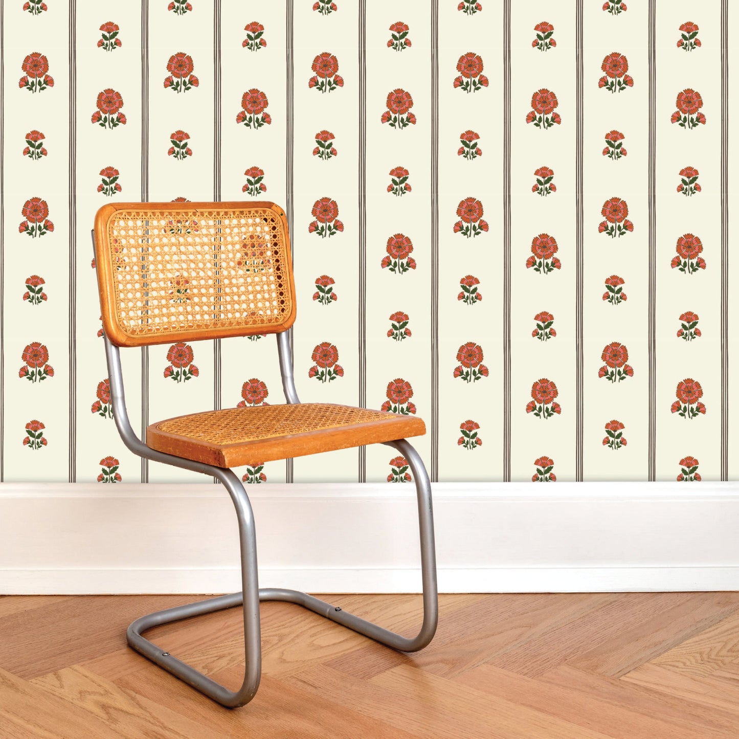 Image of Fan Floral Stripe in Burnt Orange Wallpaper