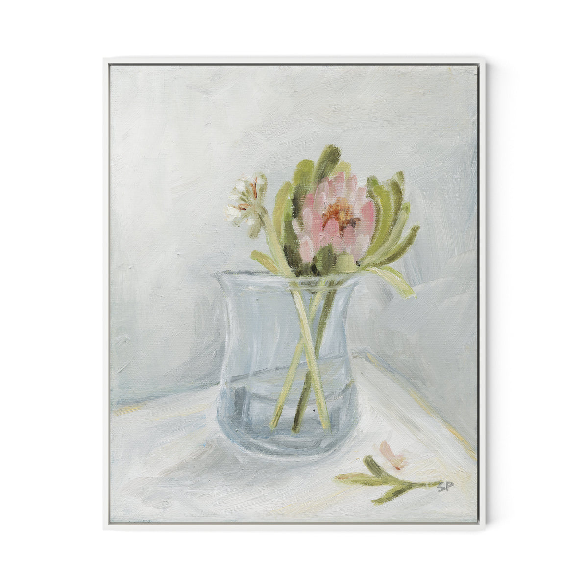 Protea Still Life Canvas Floater Framed / 26 x 32 in / White
