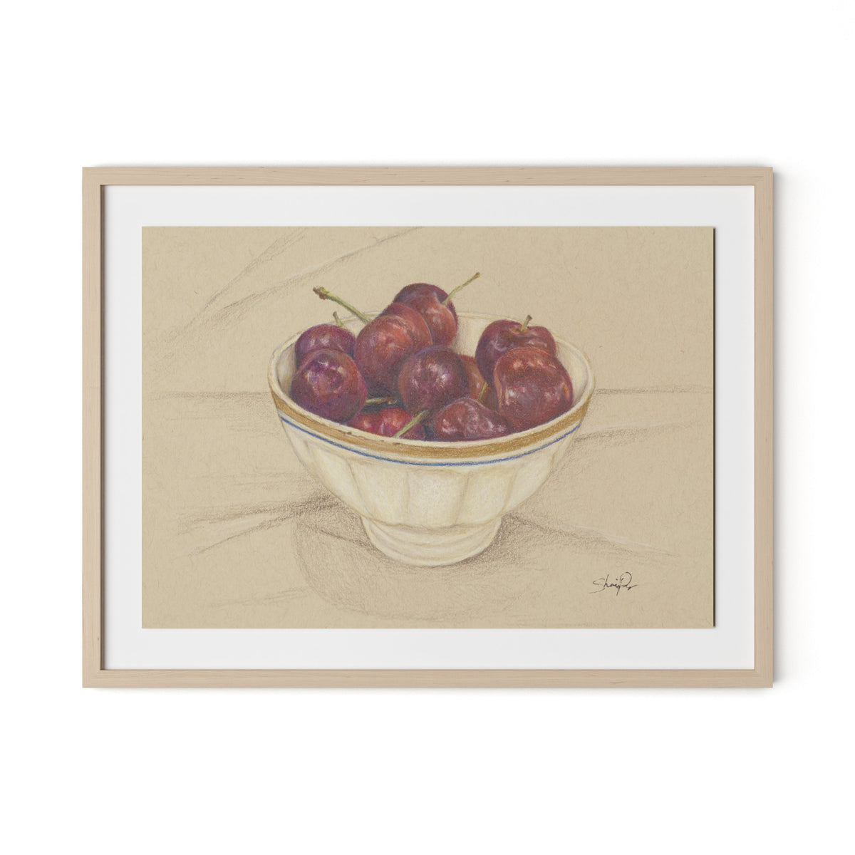 Cherries II Framed Paper / 32 x 24 in / Natural Maple