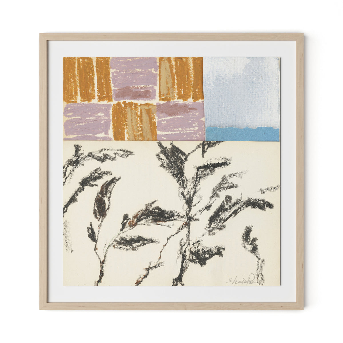Olive Branch Abstract Framed Paper / 30.5 x 32 in / Natural Maple
