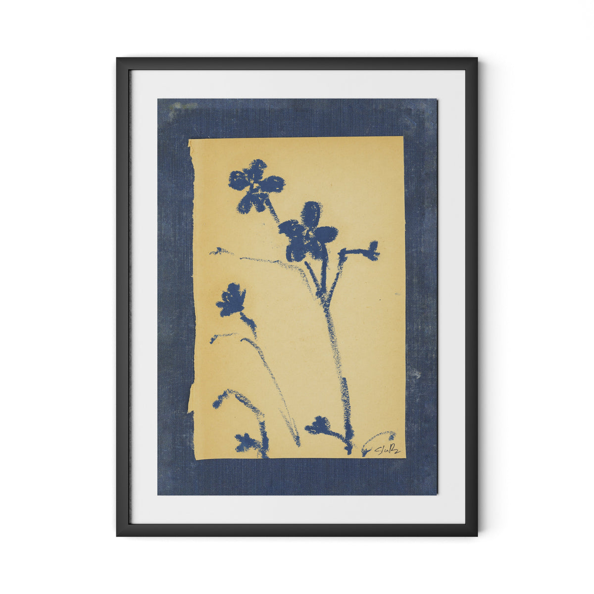 Vintage Blue Daisy Framed Paper / 24 x 32 in / Black
