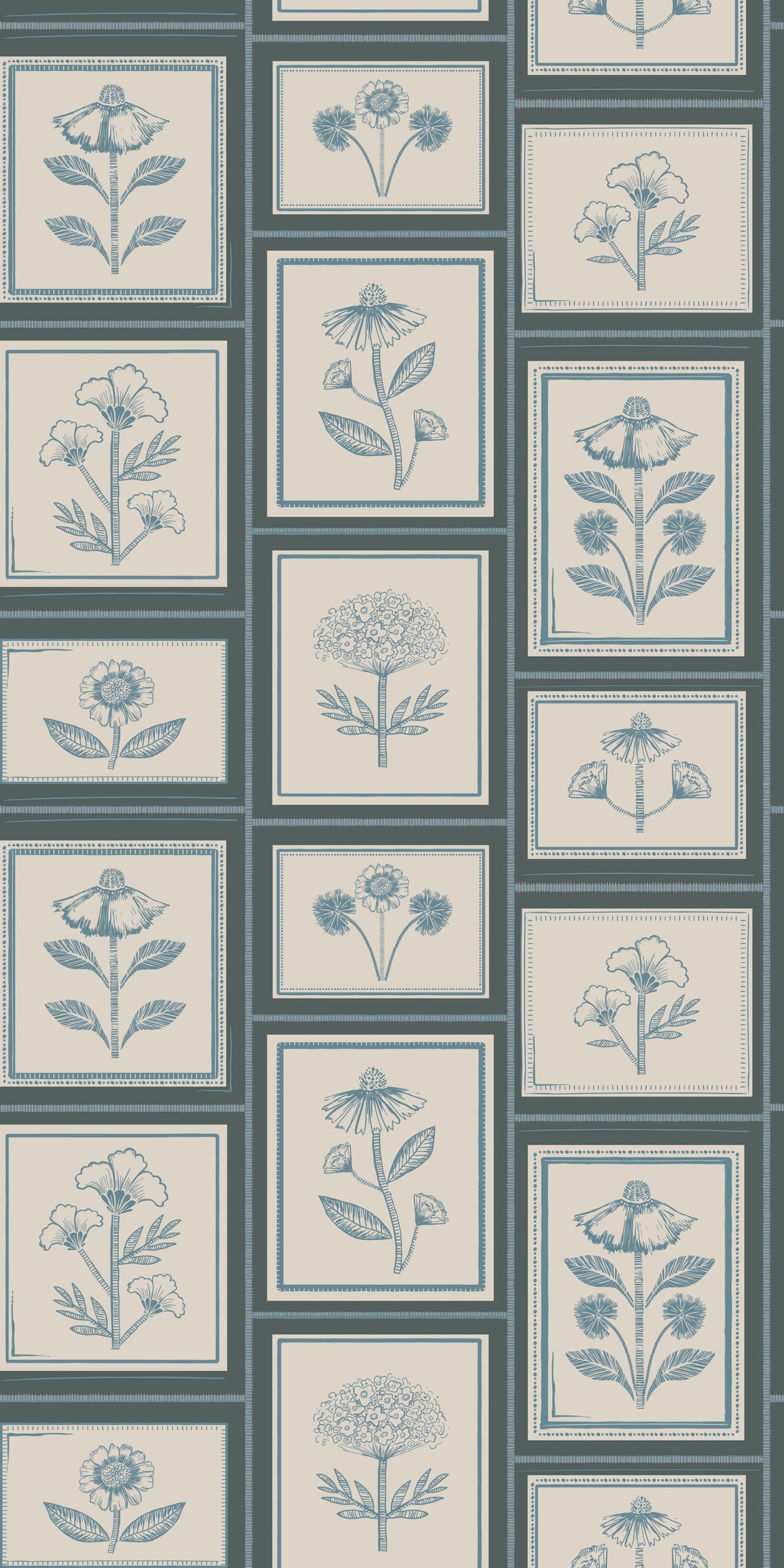 Image of Framed Flowers in Denim Wallpaper