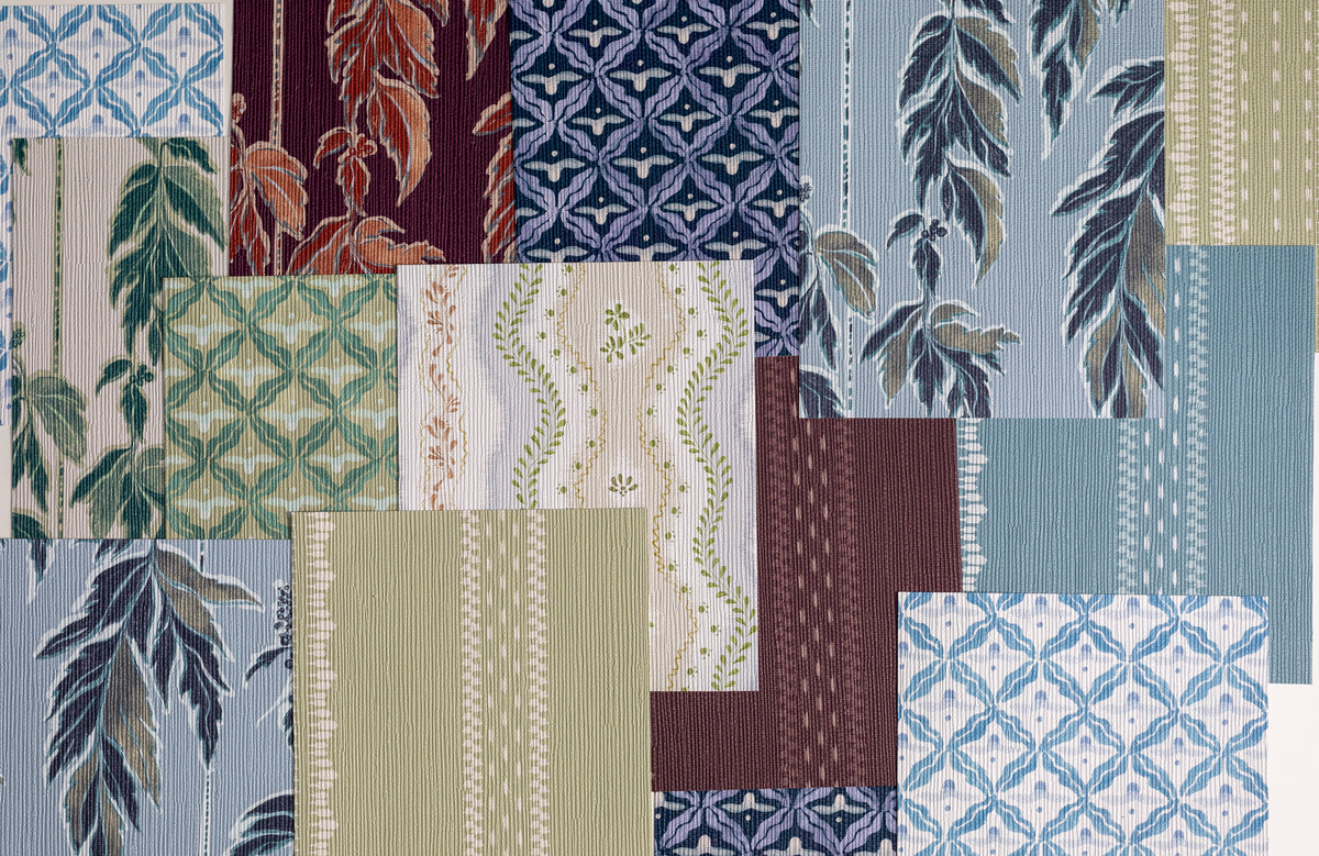 Collection of various fabric swatches with different patterns and colors.