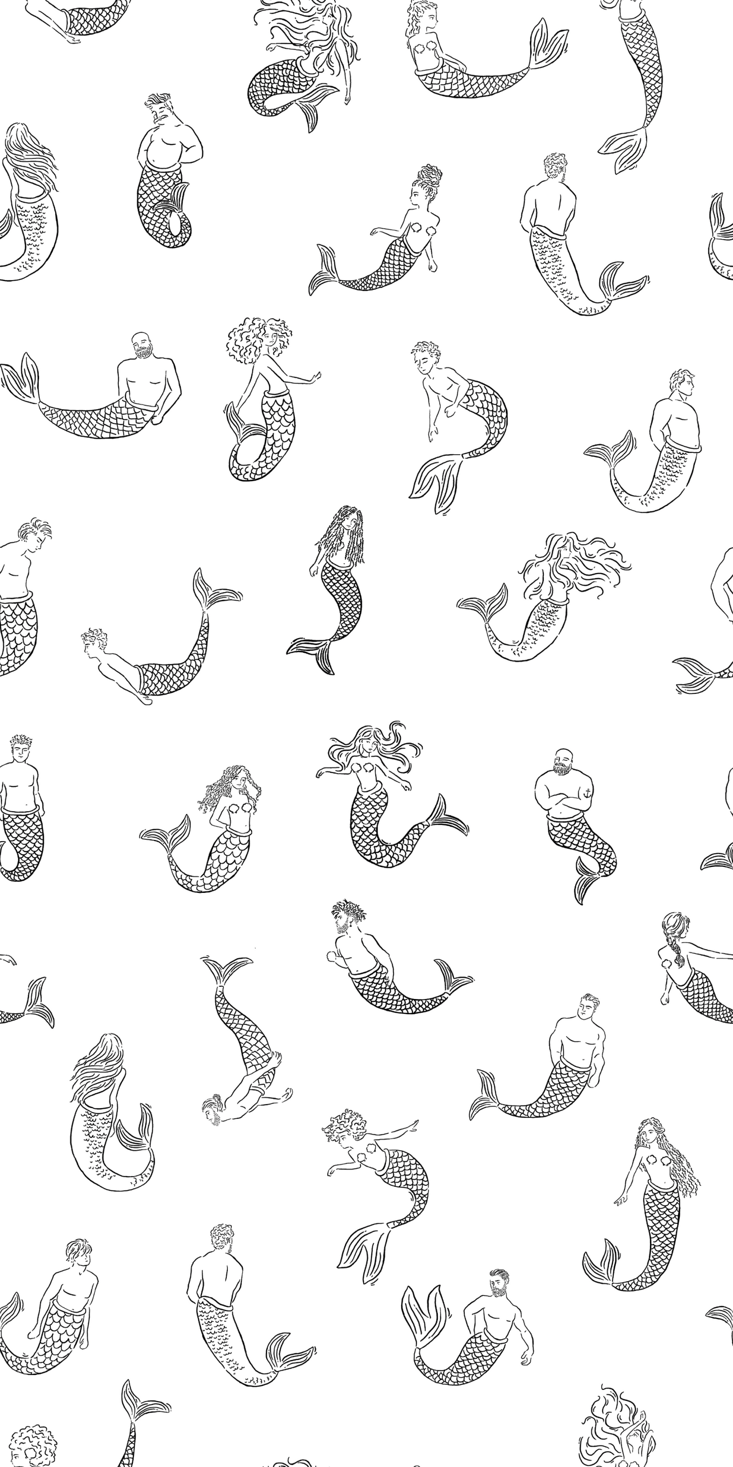 Merpeople in Black & White Wallpaper