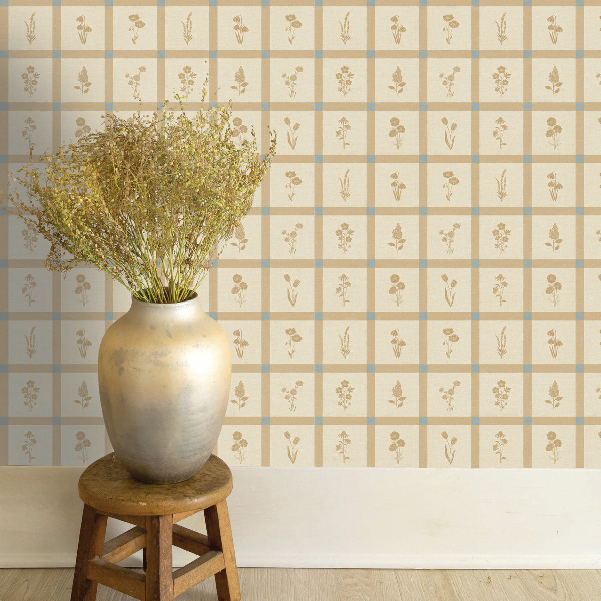 Woven Wildflower Wallpaper in Tan/Blue, image 9