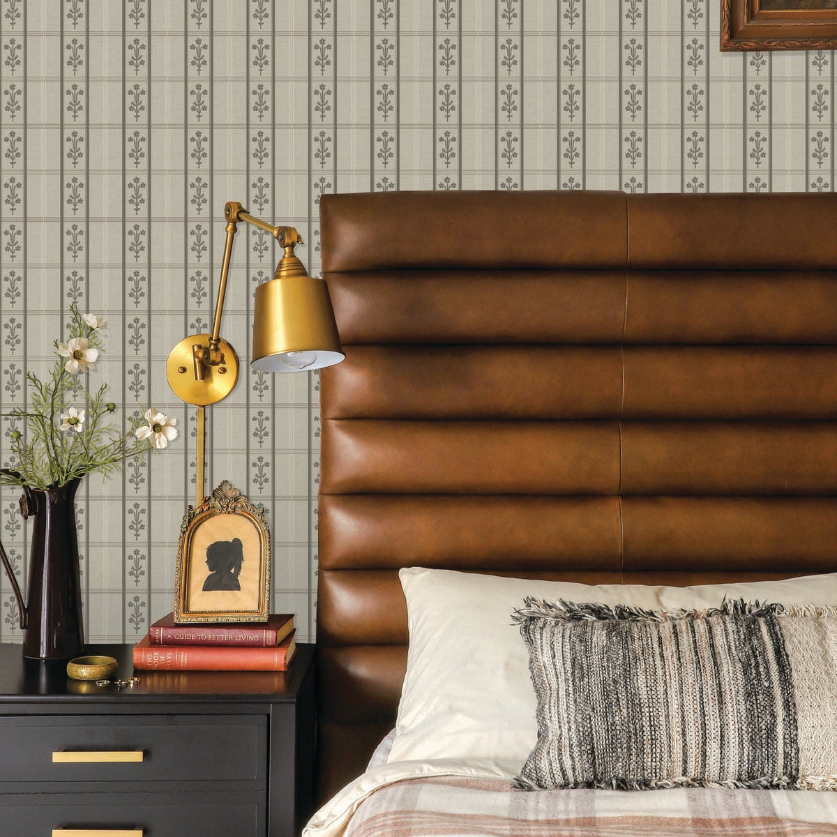 Image of Flora Plaid in Charcoal Wallpaper