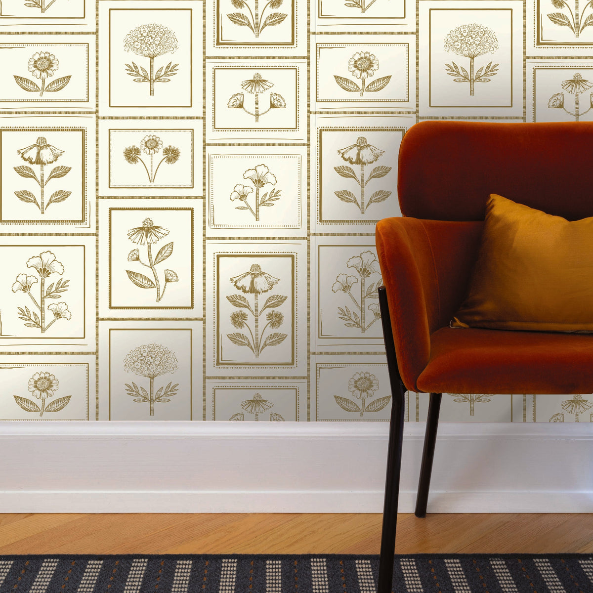Image of Framed Flowers in Alabaster Wallpaper