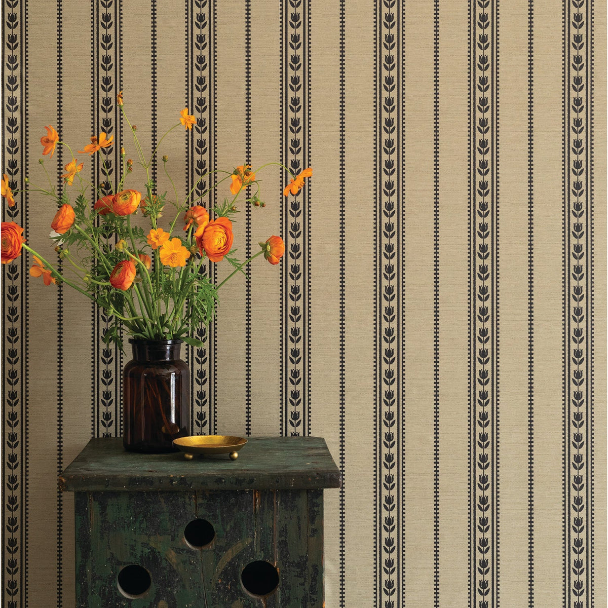 Image of Tulip Ticking Stripe in Charcoal/Dark Tan Wallpaper