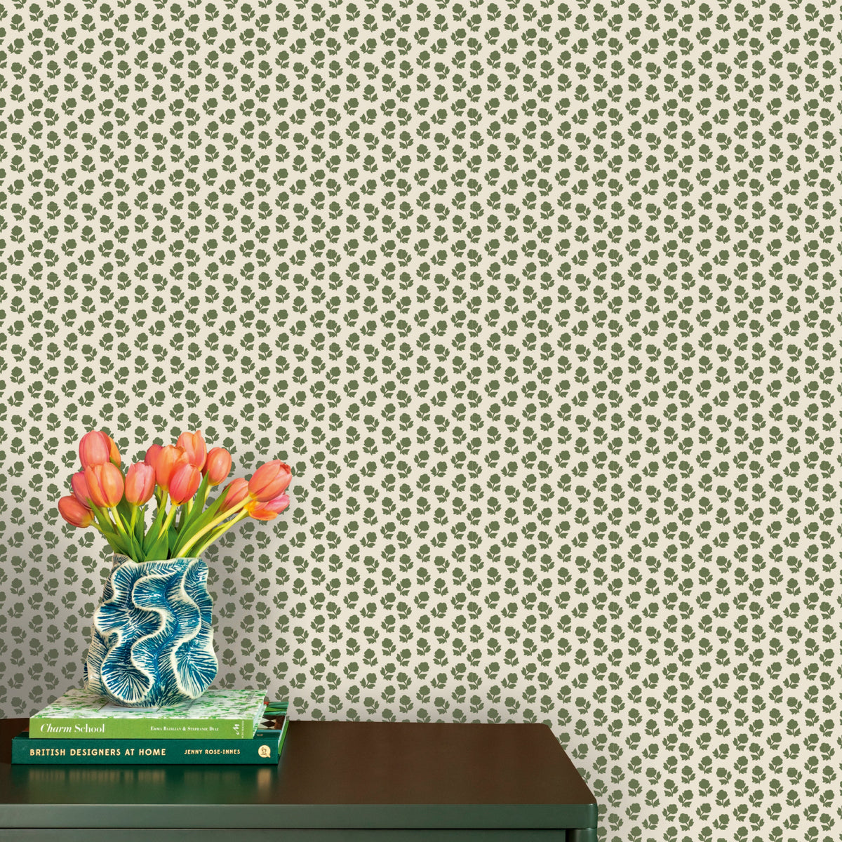 Image of Flower Stamp in Cream/Olive Wallpaper