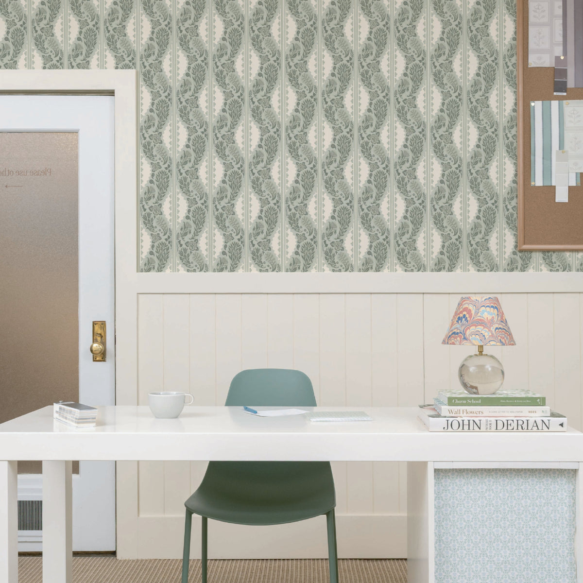 Image of Paisley Block Stripe in Sage Wallpaper