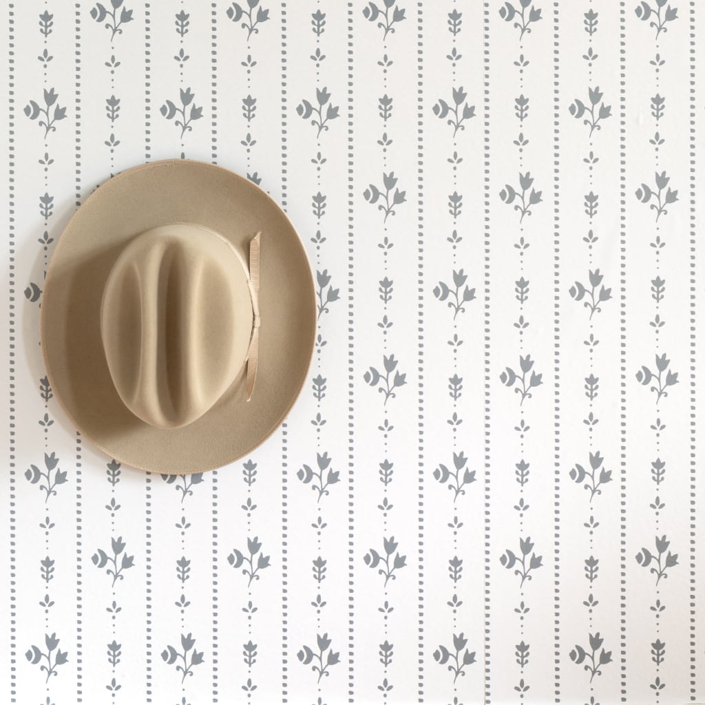 Image of Floral Stripe in Grey on White Wallpaper