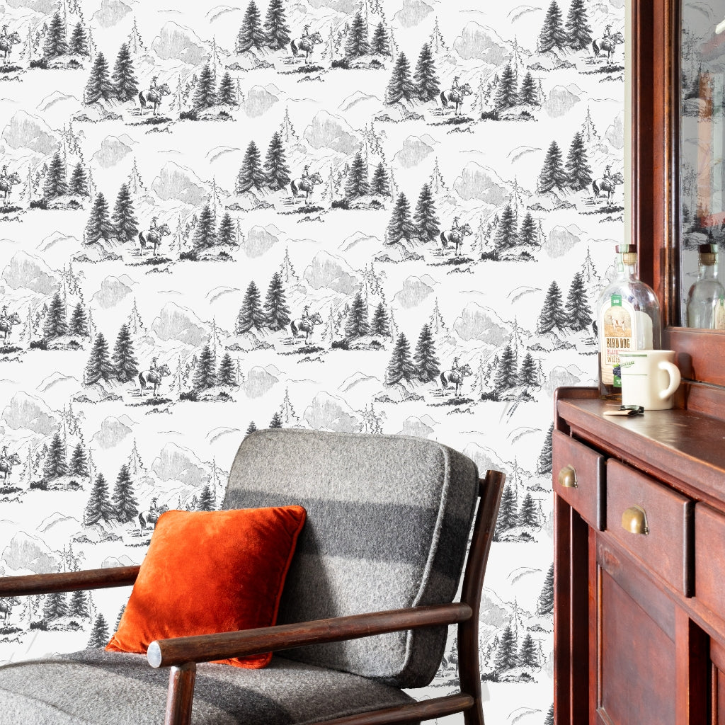 Image of Cowboy Toile in Black and White Wallpaper