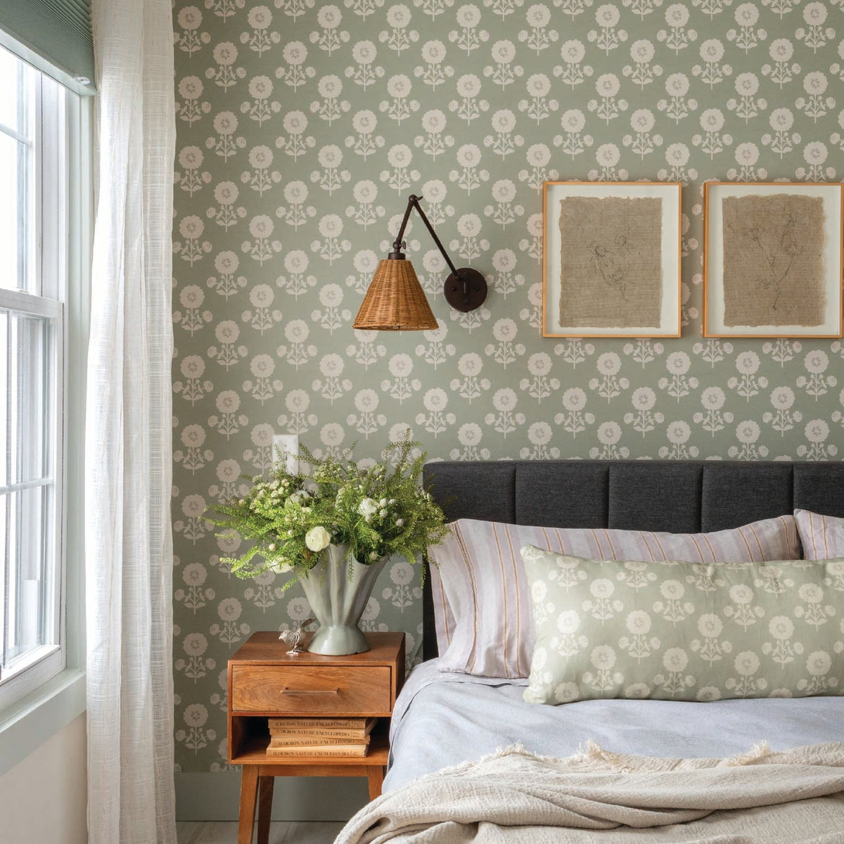 Image of Zinnia in Sage Wallpaper