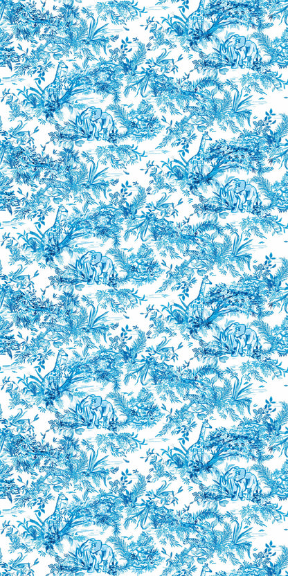 Jungle Toile in Blue on White Wallpaper