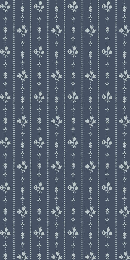 Image of Floral Stripe in Blue Wallpaper