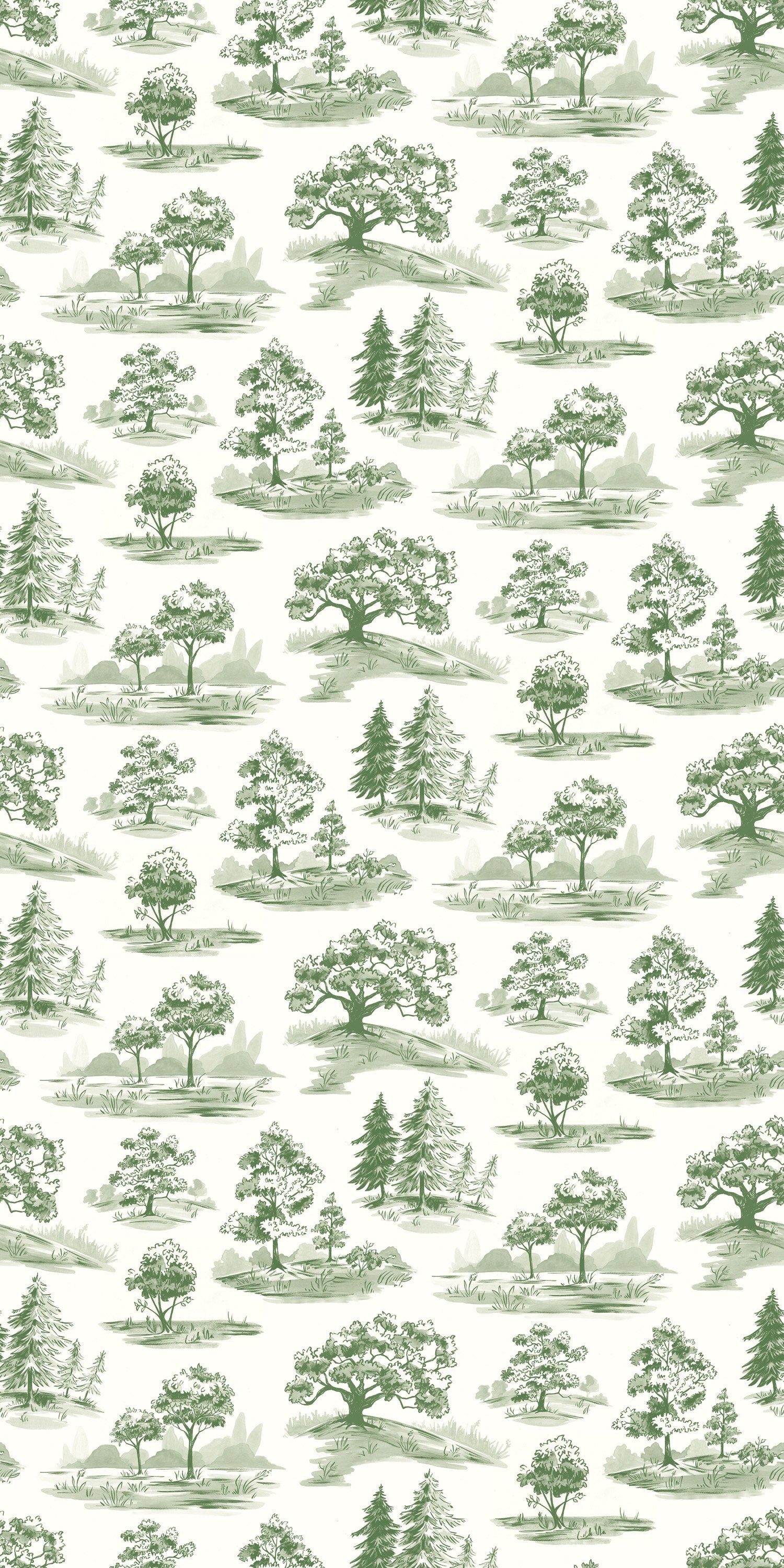 Image of Tree Toile in Green Wallpaper